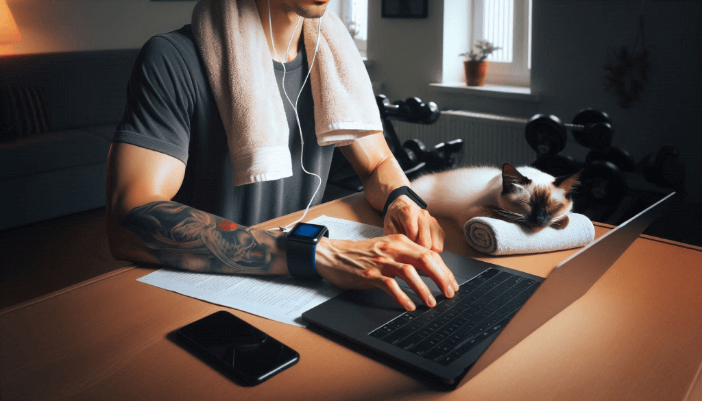 Writer at keyboard, towel around shoulders and Balinese cat