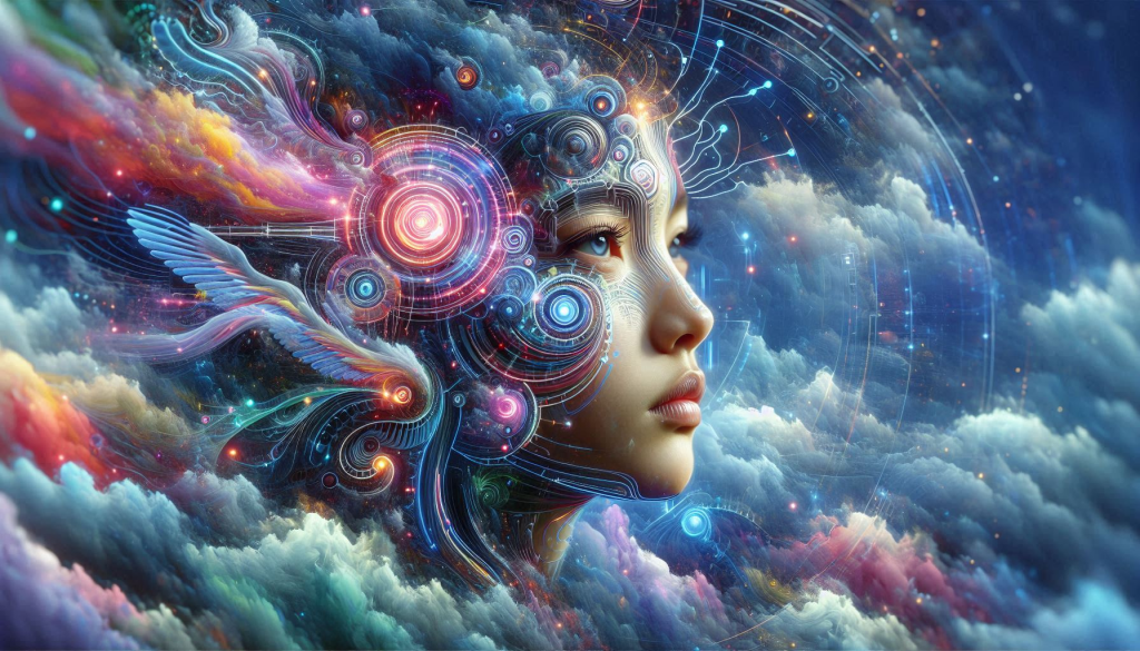 Digital image of a face in the clouds with psychedelic swirls