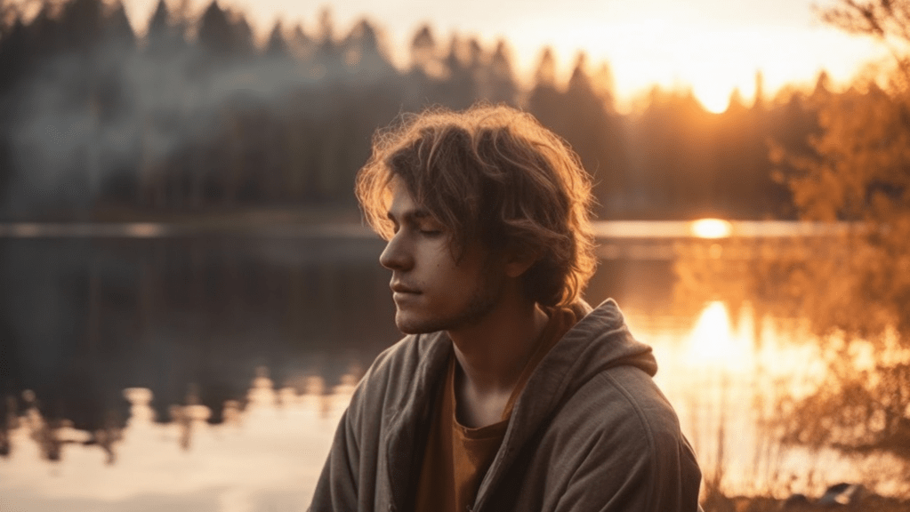 Man with eyes closed near river looking peaceful