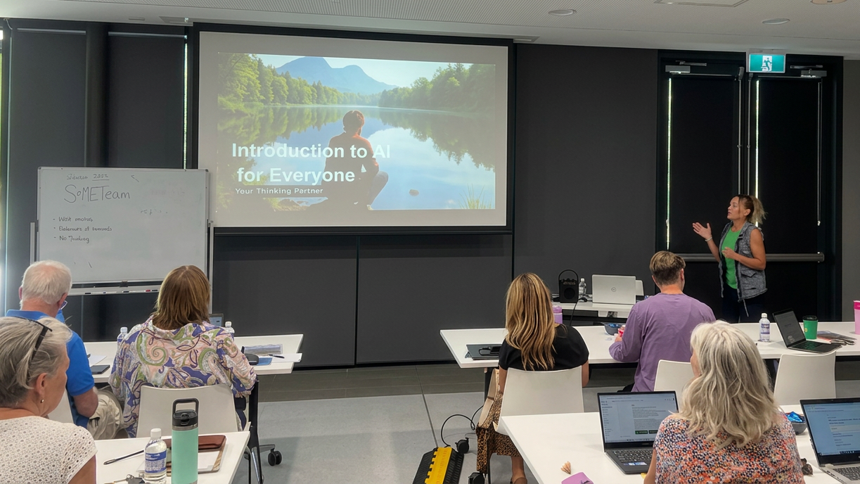 Photo of trainer presenting AI workshop to a group of people.
